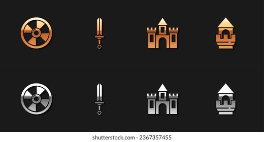 Set Cubierta redonda de madera, espada medieval, castillo, fortaleza e icono de la torre. Vector