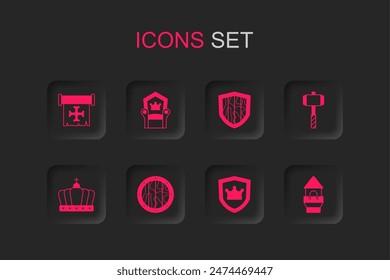 Set Round wooden shield, Medieval throne, Crusade, Shield with crown, Battle hammer, Castle tower,  and King icon. Vector