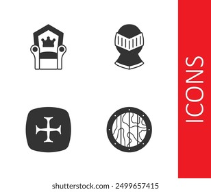 Set Round wooden shield, Medieval throne, Crusade and helmet icon. Vector