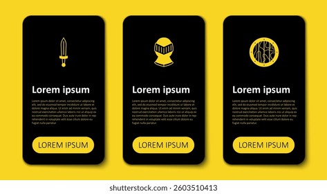 Set Round wooden shield, Medieval helmet and sword. Business infographic template. Vector