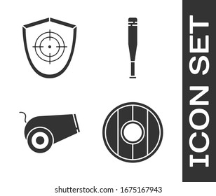 Set Round wooden shield, Target sport, Cannon and Baseball bat icon. Vector