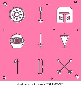 Juego de escudo de madera redonda, Llama de antorcha, casco de hierro medieval, espada, bandera, halberd e icono de arco. Vector