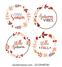 Set of round wreaths with different leaves and twigs. Autumn lettering. Greeting card design, sales, poster, flyer, web banner, net poster. Autumn decoration.