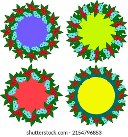 A set of round wreaths of flowers and leaves with colored substrates