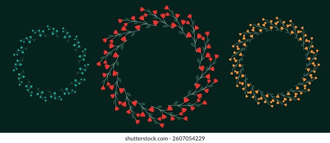 A set of round wreaths. A hand-drawn vector botanical round frame, a circle of flowers frame is an illustration for a wedding invitation, postcard, logo on a colored background.