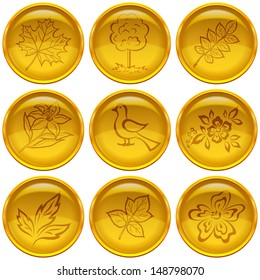 Set of round yellow icons buttons with nature pictogram symbols, isolated on white background. Eps10, contains transparencies. Vector
