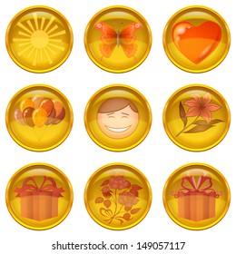 Set of round yellow icons buttons with holiday symbols, isolated on white background. Eps10, contains transparencies. Vector