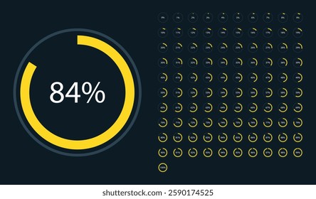 Set of round yellow infographic pie charts, segment of circle icons 0% - 100%, simple flat design loading data interface elements app button ui ux web, vector isolated on dark background