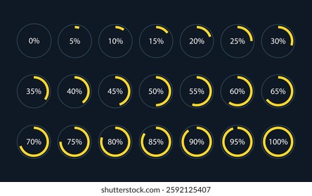 Set of round yellow infographic pie charts, segment of circle icons 0% - 100%, simple flat design loading data interface elements app button ui ux web, vector isolated on dark background