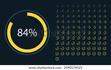 Set of round yellow infographic pie charts, segment of circle icons 0% - 100%, simple flat design loading data interface elements app button ui ux web, vector isolated on dark background