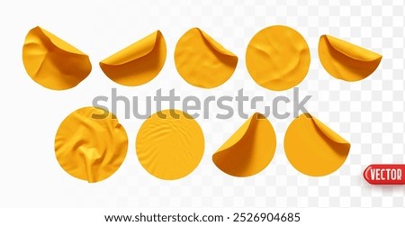 Set of round yellow paper stickers. Realistic design round sticker label template isolated background. Collection mockup price tag sale. Vector illustration