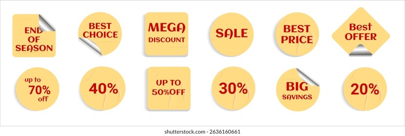  Set of Round Yellow Stickers with Red Text. Paper stickers with corner in 3D effect. SALE, Special offer, 50 percent discount, round sticker-banner. Mega saving label. Vector illustration.