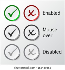 Set of round yes and no check marks stickers with peeled off corner and shadow. For web buttons usage (enabled, disabled and mouse over options). Cut out frames for easier usage are included. EPS 10.
