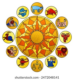 A set of round zodiac icons arranged around the image of the sun in the style of stained glass colored glasses. Calendar cover design. Vector illustration