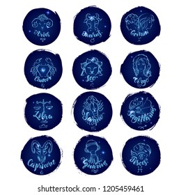 Set of round zodiac signs .Vector illustration with hand drawn lettering