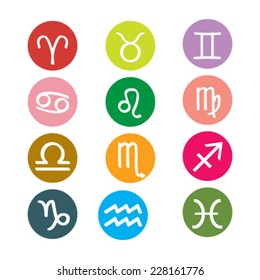 Set of round Zodiac Symbol icons on color background. Vector illustration. 