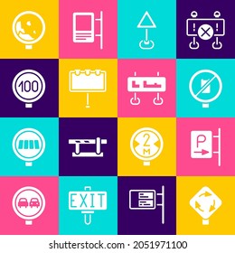 Set Roundabout traffic sign, Parking, No cell phone, Triangle warning blank, Billboard with lights, Speed limit, Road rockfall and  icon. Vector