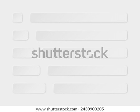 A set of rounded banners in the neomorphism style on a white background. White rectangular buttons with shadows
