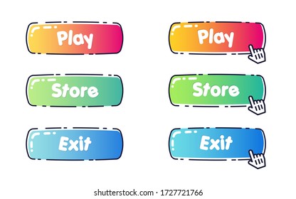 Set of rounded cartoon colorful buttons for games and kids internet store design. Vector candy-like website design elements with a black strock outside.