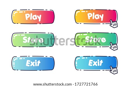Set of rounded cartoon colorful buttons for games and kids internet store design. Vector candy-like website design elements with a black strock outside.