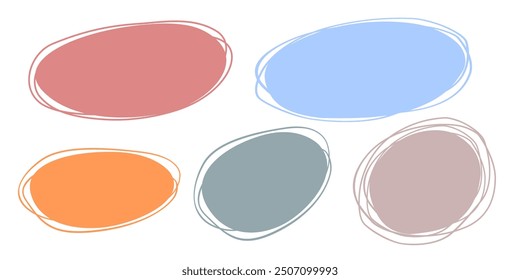 Set of rounded elongated frames with uneven edges and uneven contours, sloppy strokes of different colors. Vector illustration of round abstract backgrounds on white isolated background.