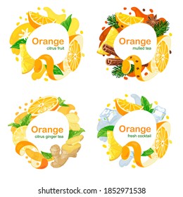 Set of rounded frames with slices of orange. Oranges, lemon, mint, ginger, cinnamon for tea, lemonade, coffee or chocolate. Vector illustration