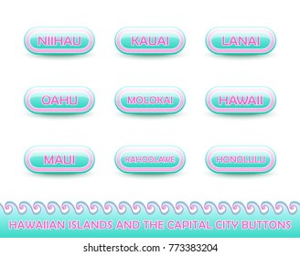 Set of rounded and glossy Hawaiian buttons with traditional polynesian decorations.