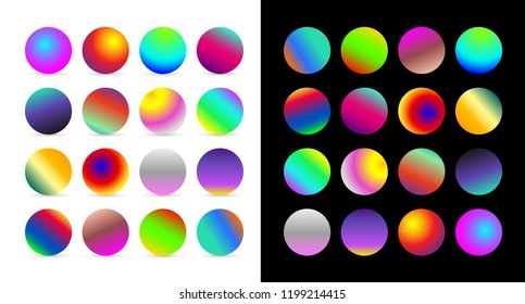 Set of rounded holographic gradient sphere button. Multicolor cyan fluid circle gradients, colorful soft round buttons or vivid color spheres. Vector, isolated on white and black background.