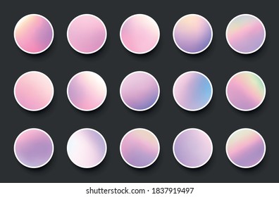 Set of rounded holographic gradient sphere buttons in pink and blue shades. Black background. Vector web design illustration.