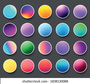 Set of rounded holographic multicolored gradient sphere buttons. Grey background. Vector web design illustration.