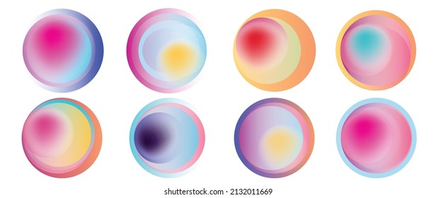 Set of rounded holographic vector. Graphic form in modern style with different circle shapes and multicolor color. Gradient and vivid color perfect for presentation, business, media, banner.