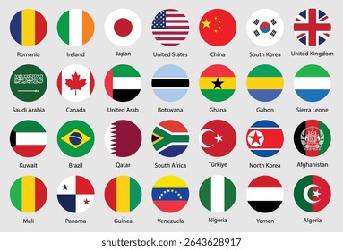 Set of rounded international country flags including USA, UK, India, Germany, France, and others. Flat circle icons for political, travel, and geography themes. Vector illustration.
