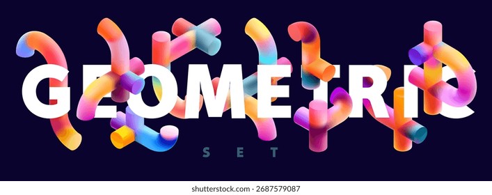 Set of rounded iridescent geometric shapes. Collection unusual multi-colored pipes and arches.