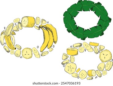 Conjunto de hojas tropicales ovaladas redondeadas y marcos de plátano. Diseño gráfico de dibujos animados, Ilustración vectorial