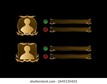 set of rounded and square fantasy ancient golden medieval game profile avatar frame with health bar