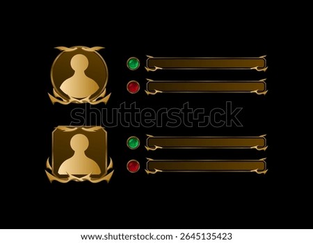 set of rounded and square fantasy ancient golden medieval game profile avatar frame with health bar