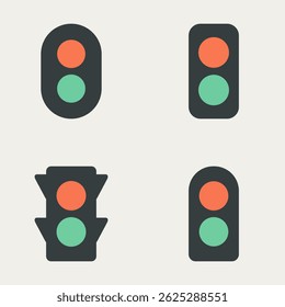 Set of rounded and squared traffic signal shapes with red green indicators, flat icon design on cream background