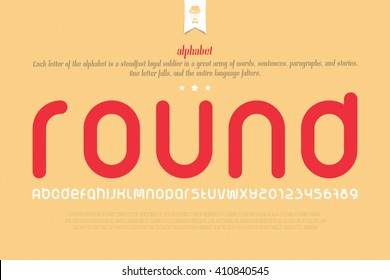 Set Of Rounded Style Alphabet Letters And Numbers Over Paper Texture. Vector Font Type Design. Modern, Bold Lettering Icons. Stylized Logo Text Typesetting. Contemporary Typography Template