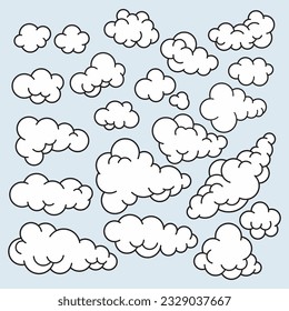 Set of rounded vector clouds. Vector clouds various size. Isolated clouds with different shape. Set of clouds.