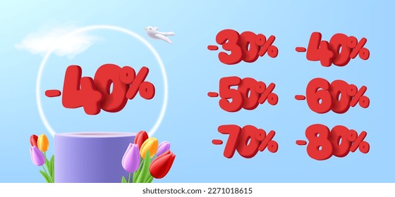 Set of rounded volume 3d numbers, discount percent with product placement podium, spring composition with tulip flowers and neon ring