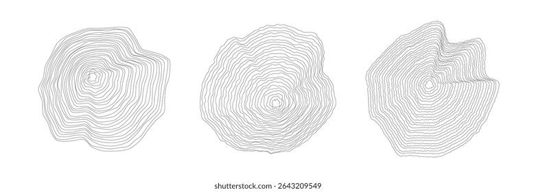 Conjunto de cortes de madeira arredondados em branco com anéis anuais ondulados e concêntricos. Seções transversais do tronco da árvore. Círculos ondulados orgânicos. Coto de madeira dura. Ilustração vetorial