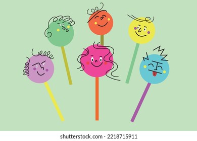 A set of round-face expressions characters with various different emotions in candy stick shape. Colorful stylish vector illustration with shapes happy funny faces.