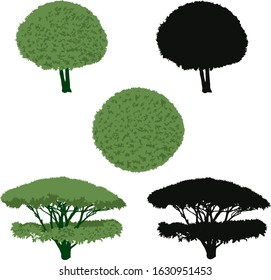 Set of round-shaped bushes, side view and top silhouette