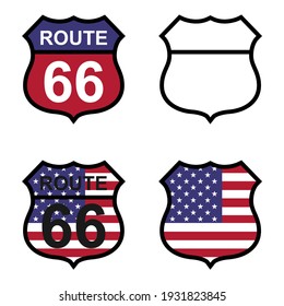 Set Of Route 66 Classic Icon, Travel Usa History Highway, America Road Trip Vector Background