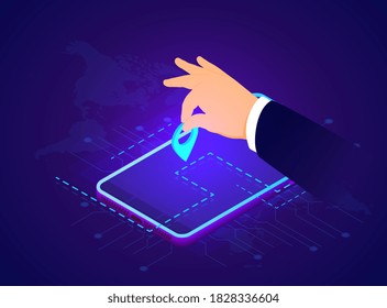 Set route, address destination, GPS navigation, tracking pin, mark on digital map. Hand holding map pin icon. Flat cartoon vector illustration