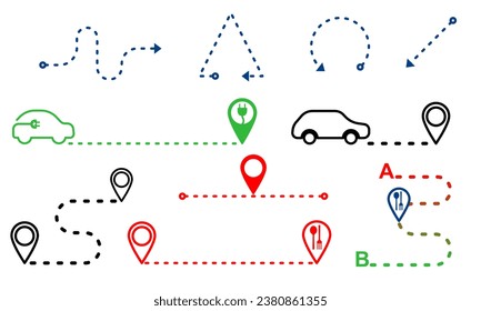 A set of route icons. Different types of routes or trajectories, travel. Location determination point. Vector illustration