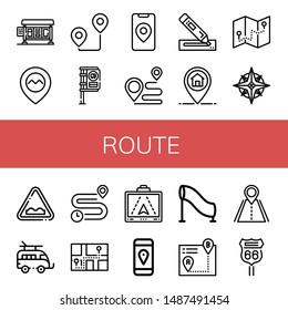 Set of route icons such as Bus stop, Gps, Route, Destination, Marker, Navigator, Uneven, Caravan, Distance, Tunnel, Itinerary, Road, Road sign , route