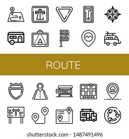 Set of route icons such as Route, Caravan, Highway, Gps, Yield, Bus stop, Navigator, Road sign, Road, Itinerary, Marker, Roundabout , route