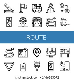 Set of route icons such as Marker, Gps, Destination, Railroad, Walking street, Road, Itinerary, Caravan, Yield, Park location, Road sign, Navigator , route