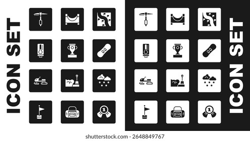 Set Route location, Award cup, Meteorology thermometer, Ice axe, Snowboard, Skate park, Cloud with snow and Snowmobile icon. Vector
